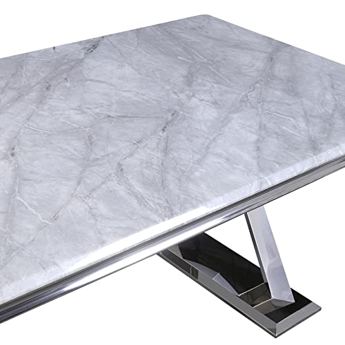 Acedécor Dining Table, Rectangular Dining Room Table For 6, Grey Top And Silver Metal X-Base #TOP5
