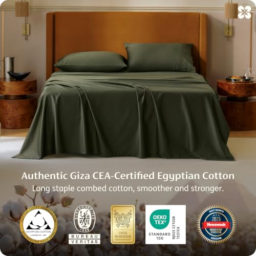 Image of Bedsure PureWoven 100% Giza Egyptian Cotton King Sheets, CEA & BV Certified | 18 inch Deep Pocket Sateen Sheets with Corner Straps, Durable & All-Season Breathable, Hotel Luxury, Oeko-Tex, Olive Green