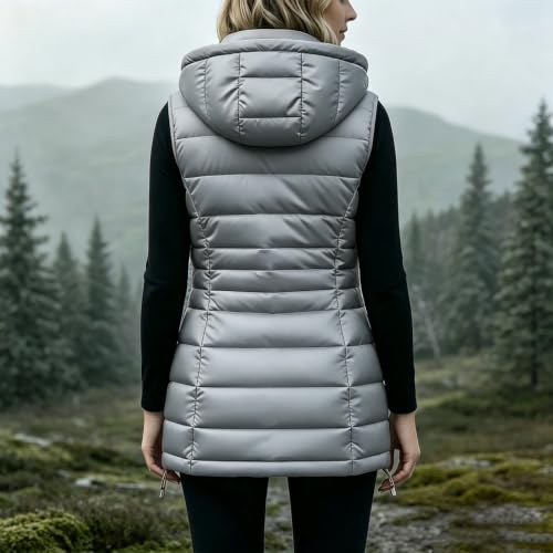 Women's Long Puffer Vest Hooded Stand Collar Zip Up Winter Quilted Jacket — view 6