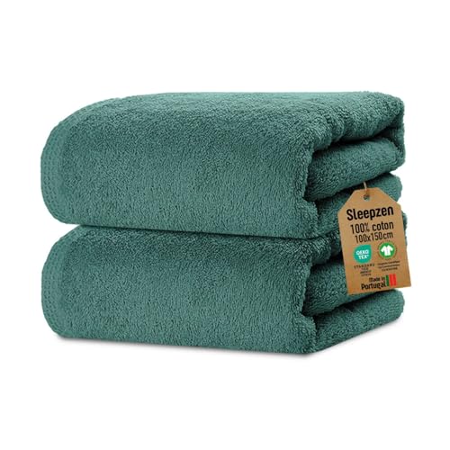 SLEEPZEN - Lot de 2 Serviettes de Bain Teal - Coton Bio Certifié GOTS 500gr/m2 - Fabriqué en UE - 2 Draps de Bain 100x150cm - Absorbant et Doux
