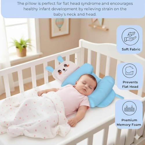 Image of Be Natural Support Pillow with Side Rollers Safety Pillow Set | Soft Cotton Neck Pillow for 0-12 Months Sky Blue