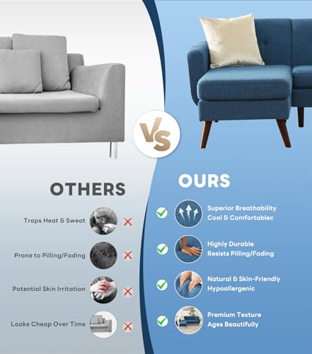 Image of Kingfun L Shaped Couch, 80 inch W Mid-Century Modern Sofa, Sectional Couches, 3 Seater Sofas with Wide Chaise Lounge, Button Tufted Upholstered Sectional Sofa for Living Room, Bedroom, Blue