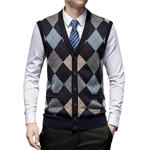 Men Argyle Knit Vest Sleeveless Sweater Cardigan 6.5% Wool Warm Basic Autumn Winter Retro Vintage