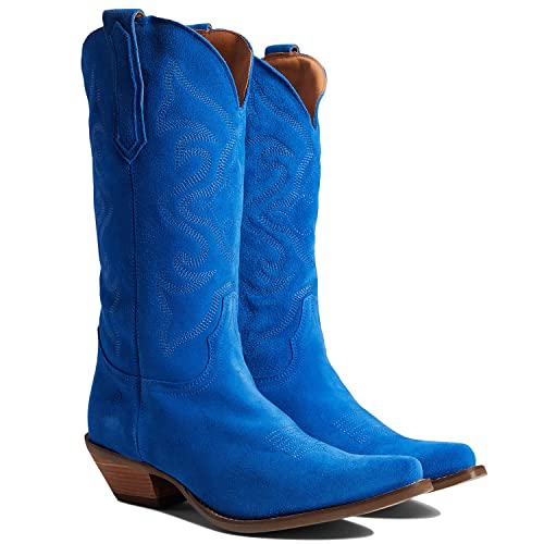 LEHOOR Cowboy Boots Women Embroidered Mid Calf Western Boots Stacked Low Heel Pointed Toe Pull On Cowgirl Boot 4-11 M US2