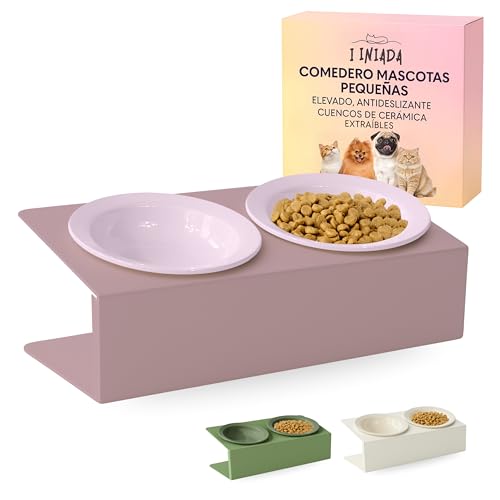 I INIADA Comedero Gato con Cuencos de Cerámica - Comedero Perro Elevado Antideslizante - Cuenco Doble Inclinado 15º para Todo Tipo de Gatos y Perros pequeños.