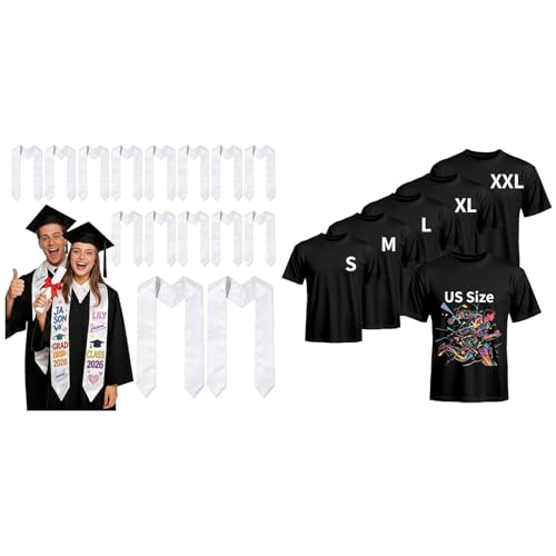 Joyclub Bundle of 15 PCS Graduation Stole and 5 PCS Unisex Sublimation Blanks Bulk Polyester T Shirts