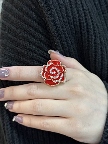 Dtja CZ Rose Flower Promise Ring for Women Girls Statement Diamond Crystal 3D Enamel Flowers Adjustable Open Wrap Finger Rings Comfort Fit Vintage Elegant Wedding Valentine Holiday Jewelry Gift3