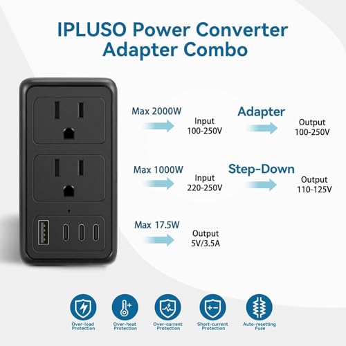 Image of Upgraded 2000W 220V to 110V Voltage Converter US to Europe, Power Converter European Travel Converter for Hair Dryer, Power Converter Adapter Combo with 1 USB A 3 Type C for 160 Countries (3C1U)