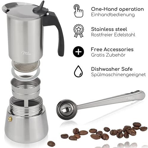 Milu Cafetera Italiana (2 Tazas sin inducción) | 2, 4, 6, 9 Tazas | Cafetera Moka de Acero Inox, Expresso Maker - Set… - Imagen 3