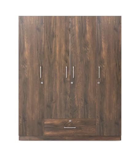 Image of Nexel 4 Door Wardrobe | Engineered Wood | Natural Teak Finish | Spacious Storage with Drawers, Shelves & Hanger | Elegant and Durable | Knock Down | 36 Months Warranty