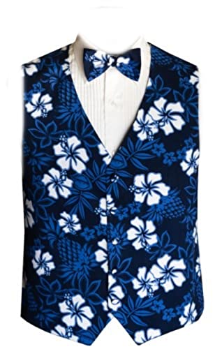 David's Formal Wear Blue Hawaiian Hibiscus Tuxedo Vest and Tie Size Large