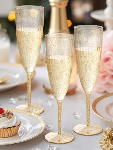 WDF 36-Pack Plastic Champagne Flutes - Gold Glitter Champagne Glasses Disposable - Perfect for Thanksgiving, Weddings, Birthday, Bridal Showers