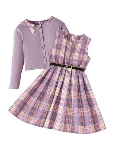 Image of PureChapter Girls' Preppy Clothes Plaid Vest Dress Cardigan Jacket Belt Cute Kids Clothes 7-14Y Green