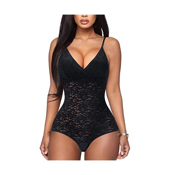BRABIC-Lace-Bodysuit-for-Women-Tummy-Control-Shapewear-Sleeveless-Tops-V-Neck-Backless-Camisole-Jumpsuit-Shaper BRABIC Lace Bodysuit for Women Tummy Control Shapewear Sleeveless Tops V-Neck Backless Camisole Jumpsuit Shaper (Black, Medium)