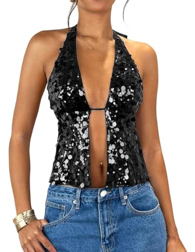 SOLY HUX Women's Sparkly Sequin Halter Tops Y2k Crop Top Night Out Party Outfits Streetwear Plain Black Small