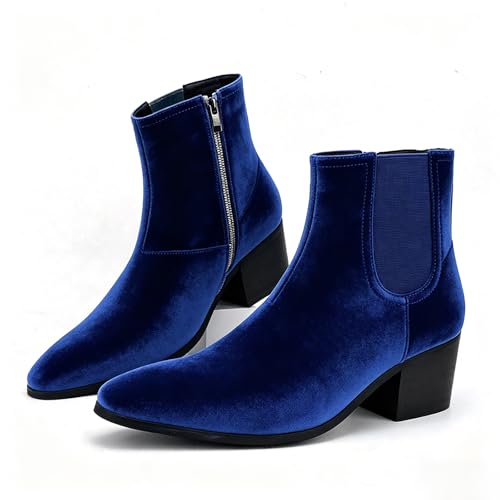 Image of Men'S Classic Leather Chunky Heel Chelsea Boots With Side Zipper Fashion Pointed Toe Elastic Band High Top Block High Heel Formal Chukka Booties For Casual Business Party Wedding