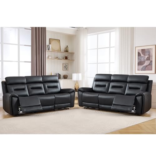 Image of ANJ Power Oversized Reclining Sofa Couch Set of 2, Breathable Faux Leather 3-Seater Electric Recliner Couches with USB&Type-C Charging Ports for Living Room, Black