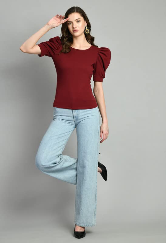 Image of IUGA Plain Round Neck Cotton Knit Regular Top for Women (115 Black)