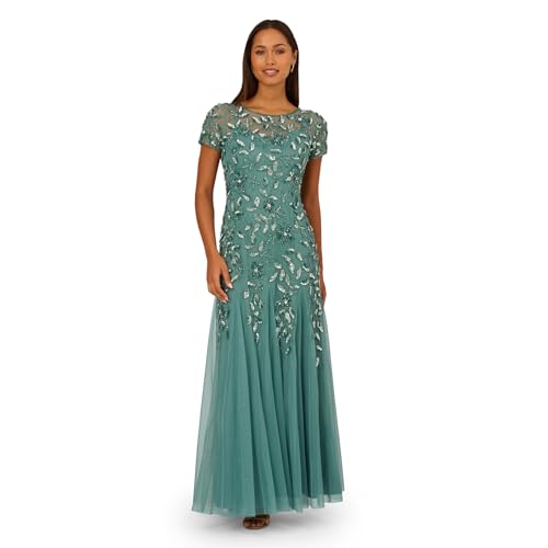 Image of Adrianna Papell Women's Beaded Gown with Godets - Floor Length Gown with Floral Embellishments & Cap Sleeves