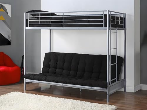 Vente-unique - Lit Mezzanine 90 x 190 cm - avec Banquette Convertible - Métal - Argent + Futon Noir - MODULO V - pour Enfant
