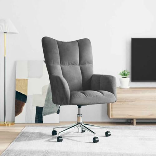 SooIarix Sillón de relax de terciopelo gris oscuro, silla tapizada giratoria, silla de salón con ruedas, altura regulable, sillón orejero para dormitorio y oficina, estructura de acero resistente
