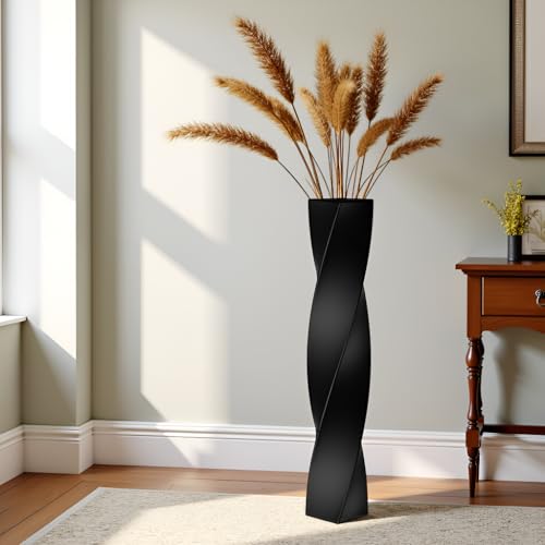 Tall Black Resin Floor Vase - 23.6 Inch Modern Square Twist Vases for Home Decor, Large Decorative Vase for Dried Flowers, Pampas Grass, Centerpiece - Matte Finish
