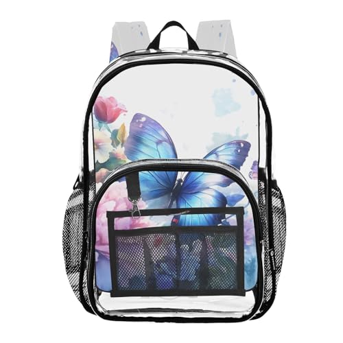 Blue Butterfly Chic Flower Clear Backpack Heavy Duty See Through Transparent PVC BookBag for Kids Boy Girl School Work