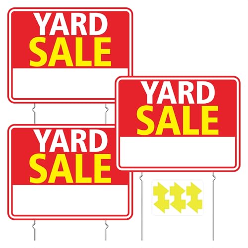 Yard Sale Signs 3 Pack 17x13 Double Sided Yard Sale Signs with Metal Stakes Weatherproof Corrugated Plastic Includes Directional Arrow Stickers