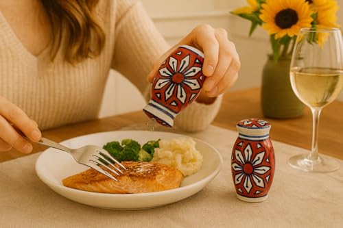 Image of HS HINDUSTANI SAUDAGAR Red Flower Salt and Pepper Ceramic Salt Shaker Set of 2(50ml Each) Spice Container & Sprinkler for Dinning Table Kitchen Office &cafe Ideal for Home Daily use and Gifting.