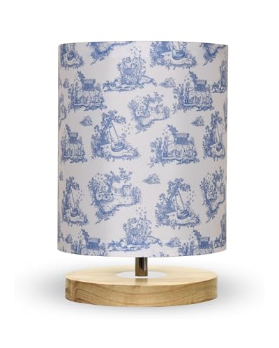 Image of Homesake Small Pine LED Table Lamp-Wooden Bedside Lamp Simple Bedroom Light Linen Shade Mini Desk Lamp Nightstand Lamps for Bedroom, Living Room, Gift, (Clip Printed Shade)