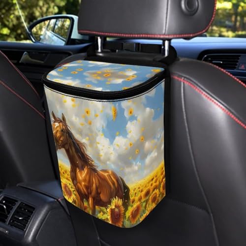 Image of Talayituse Horse Sunflower Print Car Trash Can, Portable Auto Garbage Bin Multifunctional Vehicle Interior Accessories with Adjustable Straps Universal Fit Truck SUV Sedan