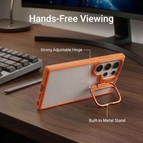 Image of amazon basics Frosted Matte Case for Samsung Galaxy S23 Ultra 5G | Built-in Flip-Out Camera Lens Stand | Translucent Back with Contrast Orange Bumper | Foldable Kickstand