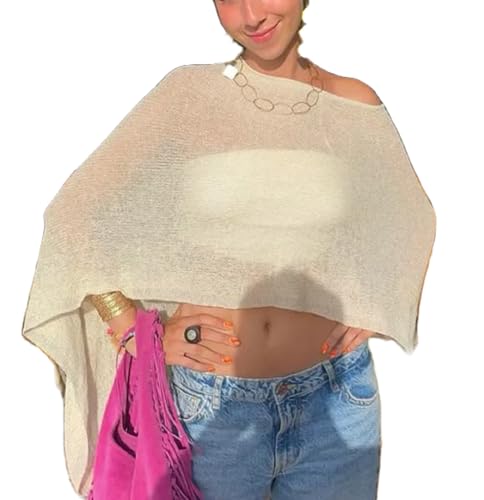 Womens Sheer Poncho Shrug Lightweight Knit Shrug Shawl Boat Neck Mesh Blouse Cover Up Tops Cape Pullover