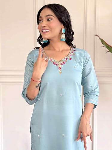 Image of Shiv Textiles Women's Viscose Rayon Embroidered Kurta Pant Dupatta Set