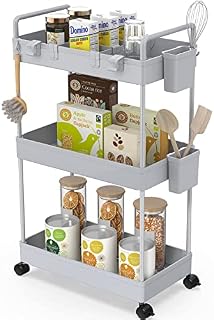 Ronlap Slim Storage Trolley, 3 Tier Rolling Cart Storage Organizer, Utility Rolling Cart with Handle Hanging Cups Dividers for Office Bathroom Kitchen Laundry Room Narrow Places, Grey