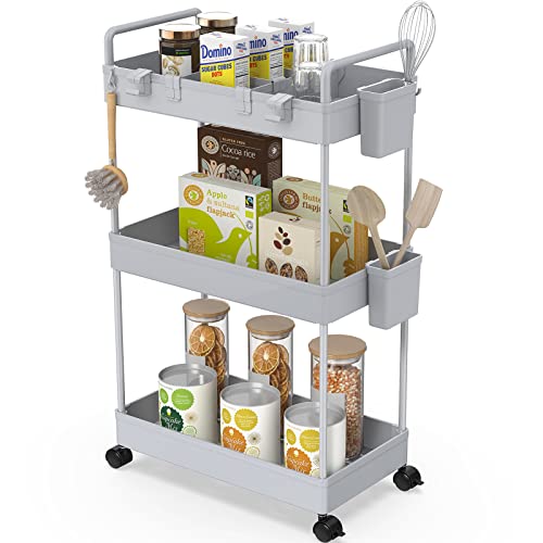 Ronlap Carrito de Almacenamiento Estrecho con Ruedas (3 Niveles), Carrito de organización, Cesta de Malla con Asas ergonómicas, Gris, 22 x 40 x 66 cm