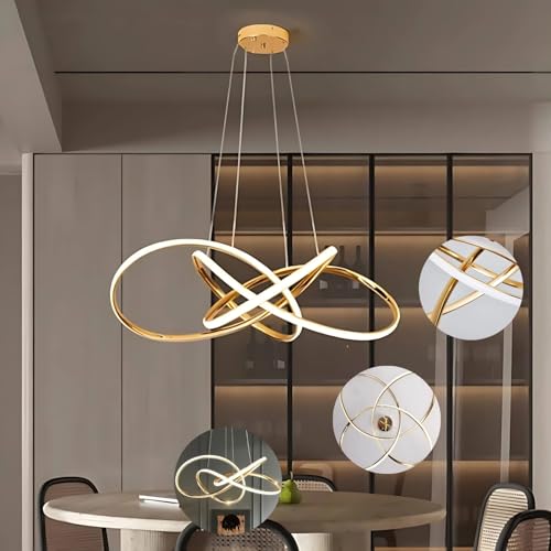 Image of One94Store Modern Gold LED Twisted Pendant Chandelier Light - Tricolour (Warm, Cool & Natural White) - Double Curl Design Jhumar for Kitchen, Dining, Living Room - Fancy Hanging Light
