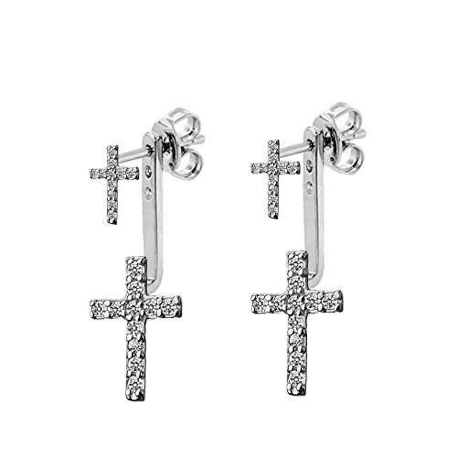 Ritastephens Sterling Silver Front Back 2 in 1 Cubic Zirconia Cross CZ Stud and Ear Jacket Earrings Set