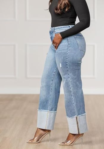 YOOTIKO Women's Stretch Cuffed Jeans High Waisted Wide Straight Leg Baggy Ripped Denim Pants4