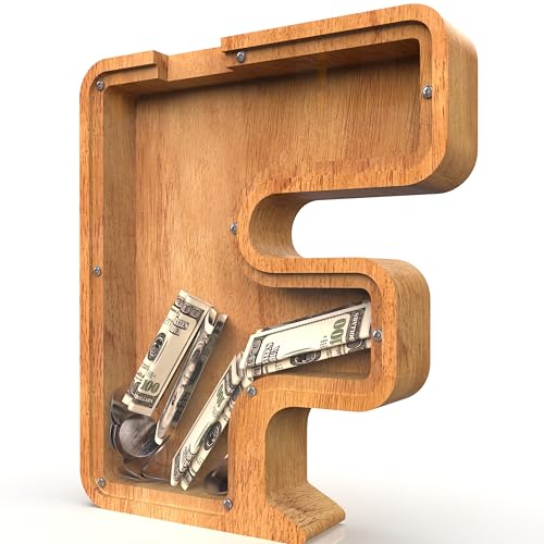 Image of Piggy Bank for Kids Boys Girls, Large Personalized Wooden Letter Piggy Bank with Cut-Out Design, Alphabet Letter Coin Banks, Money Savings Box, Wooden Bank for Kids Creative Gift for Real-Money(F)