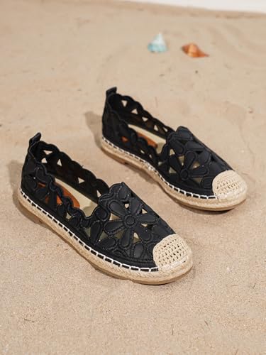Women's Floral Cutout Espadrilles, White Straw Shoes Breathable Comfort Flats,，Summer Casual Shoes4