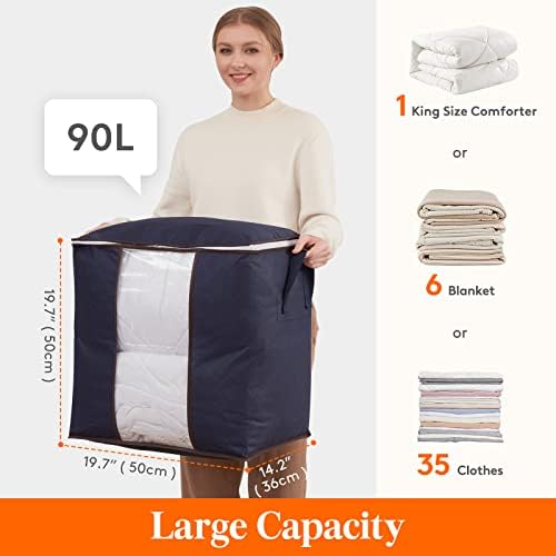 Lifewit Storage Bag Large Capacity Reinforced Handle Upgrade Fabric for Clothes, Comforters, Blankets, Bedding, Breathable Foldable Closet Organizer, 3 Pack, 90L, Dark Blue