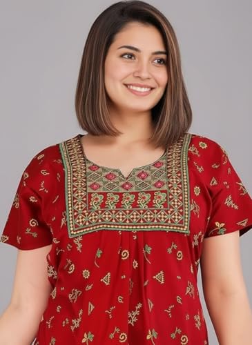 Image of NILOUFO Women's Cotton Jaipuri Nighty Gown - Pack of 2 Rajasthani Print Night Dresses | Maxi Sleepwear with Pocket | Soft Embroidered Loungewear for Ladies
