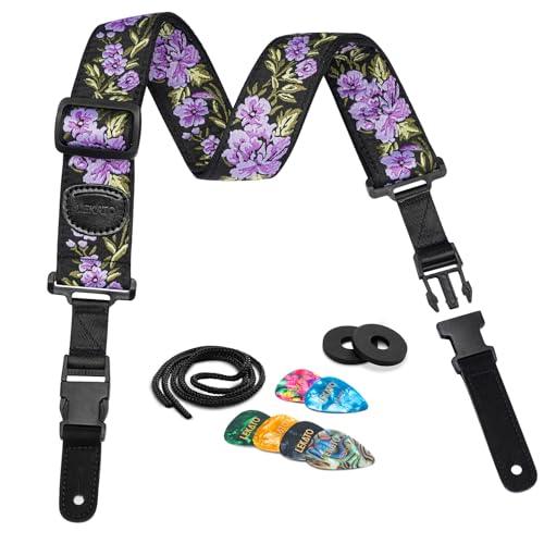 Lekato Floral Bass Strap, Flower Guitar Strap For Bass Electric Acoustic Guitar 2 Inch Wide With Clip Buckle, Rose Embroidery Woven Guitar Straps With Pick Holder cover