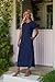 QIXING Damen Strick-Optik Maxikleid fur Kurzarm - Basic Style mit Seitensplit, Taschen & Faltenfrei Sommerkleid für Urlaub & Reise (Marineblau, M)