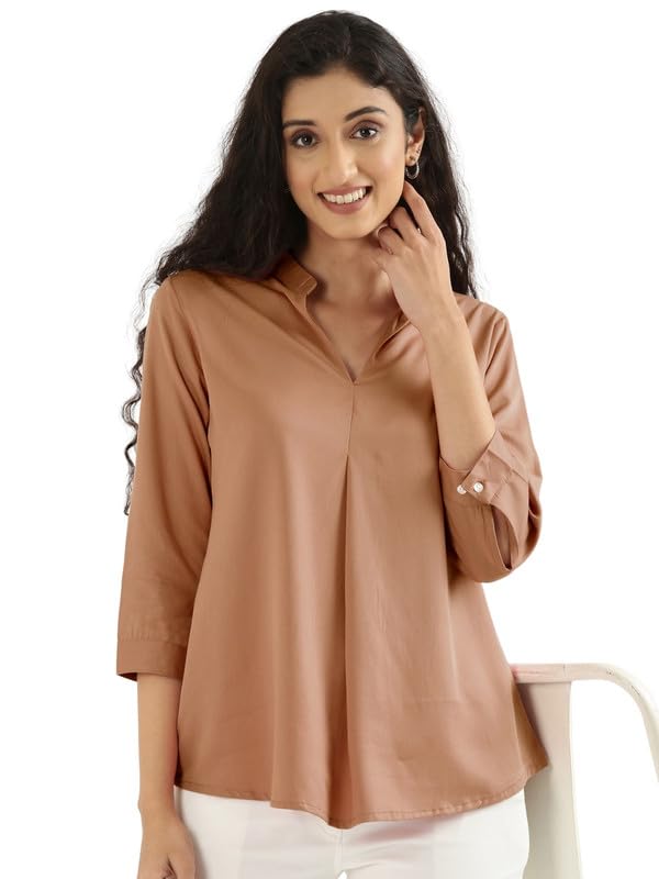 Image of SAADAA Top for Women, Viscose Pleated Tops, V-Neck with a Collar, 3 /4 Sleeve Length, Office & Casual Wear