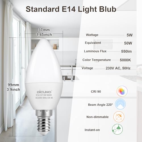 DiCUNO E14 LED Candle Bulbs, C37 SES Small Edison Screw, 5W, 50W Equivalent, 550LM, 5000K Daylight White, CRI90, Non-Dimmable - Image 3