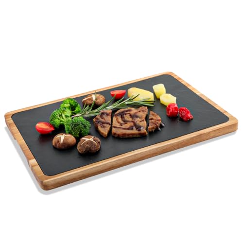 WLWNWFT Tabla de servir de madera de acacia con placa de pizarra, perfecta como tabla de barbacoa, tabla de carne, accesorio para carne y hamburguesas, elección ideal para regalo y decoración de tabla