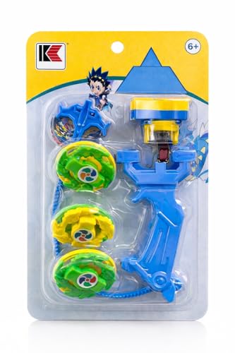 Image of IK Spinning Top Battle Set with Launcher, 3 Tops Included, Ages 6+, Green & Yellow