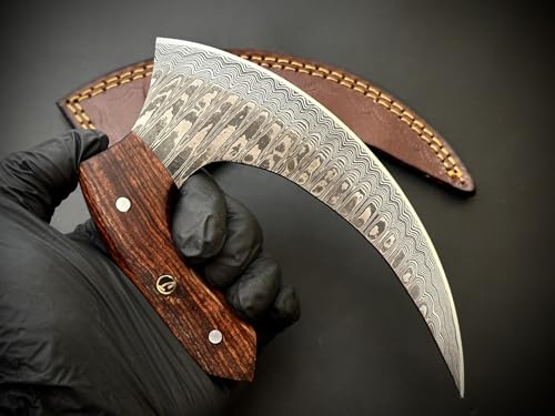 Jayger Handmade Alaskan Ulu Chef Knife with Leather Sheath | Damascus Steel Blade | Wood Handle | Sharp Curved Blade | Ergonomic Wood Handle | Perfect for Chopping, Slicing & Outdoor Use - Image 6